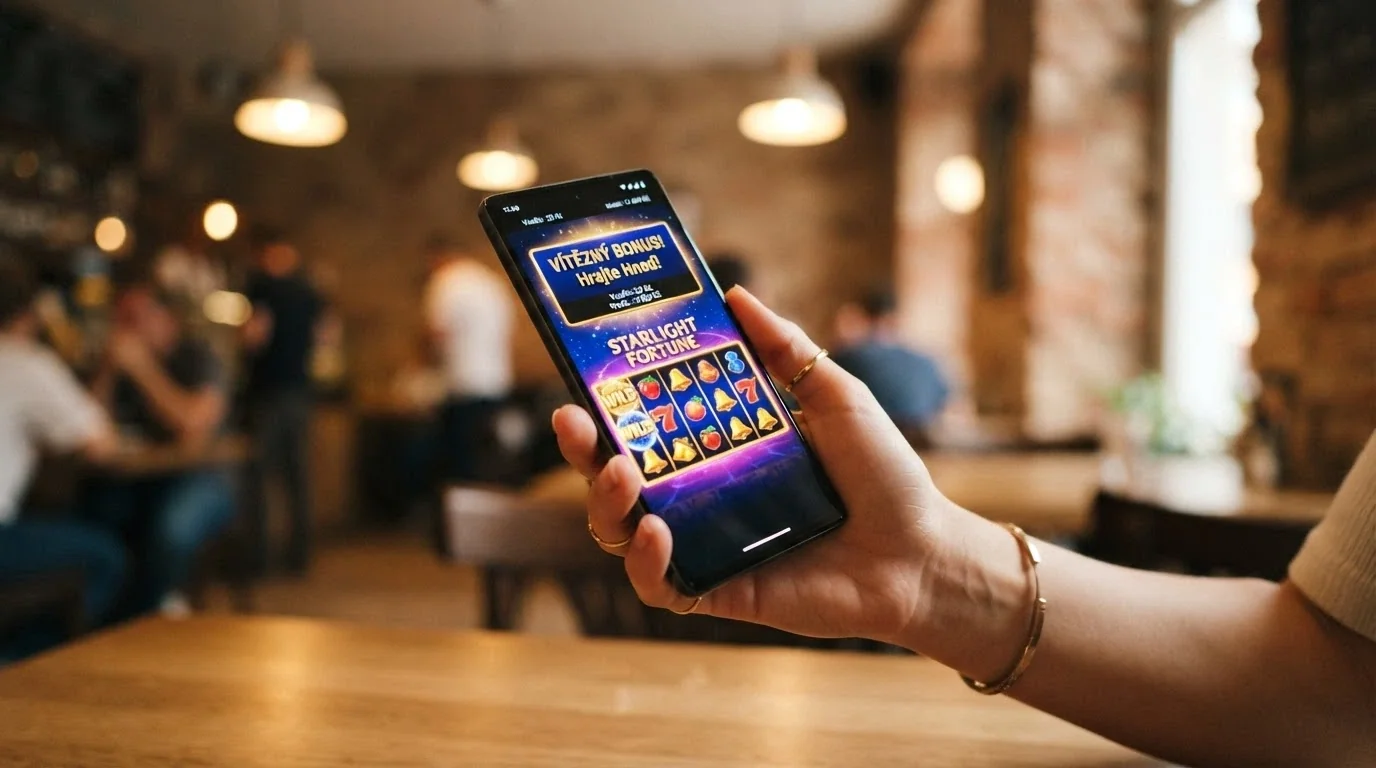 Mobilní telefon zobrazující online casino s volnými otočkami