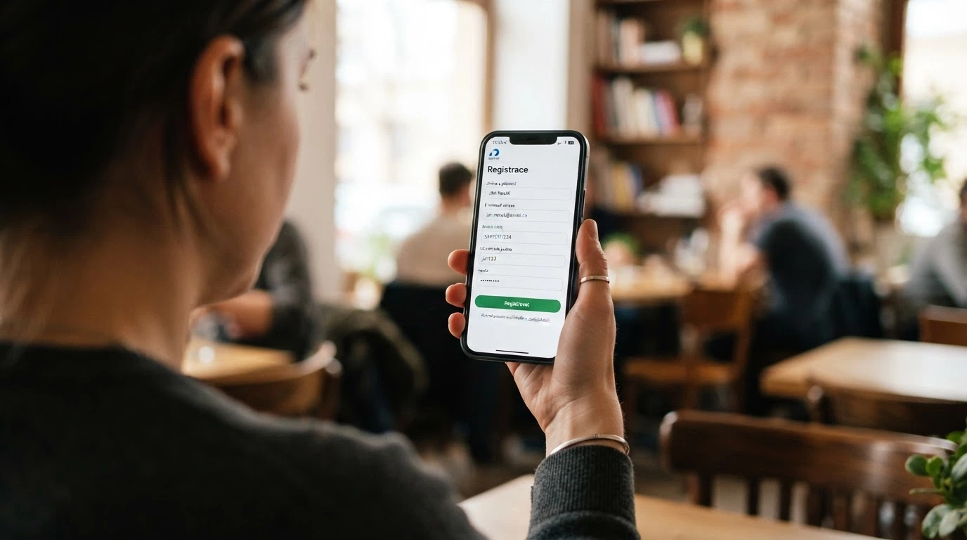 Mobilní telefon s otevřenou registrační stránkou online casina a ikonou BankID v horní liště