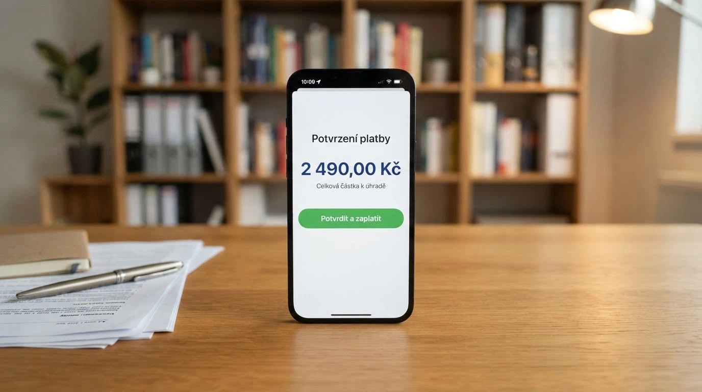 Rozhraní platební brány NeteraPay na displeji telefonu s částkou a potvrzením transakce