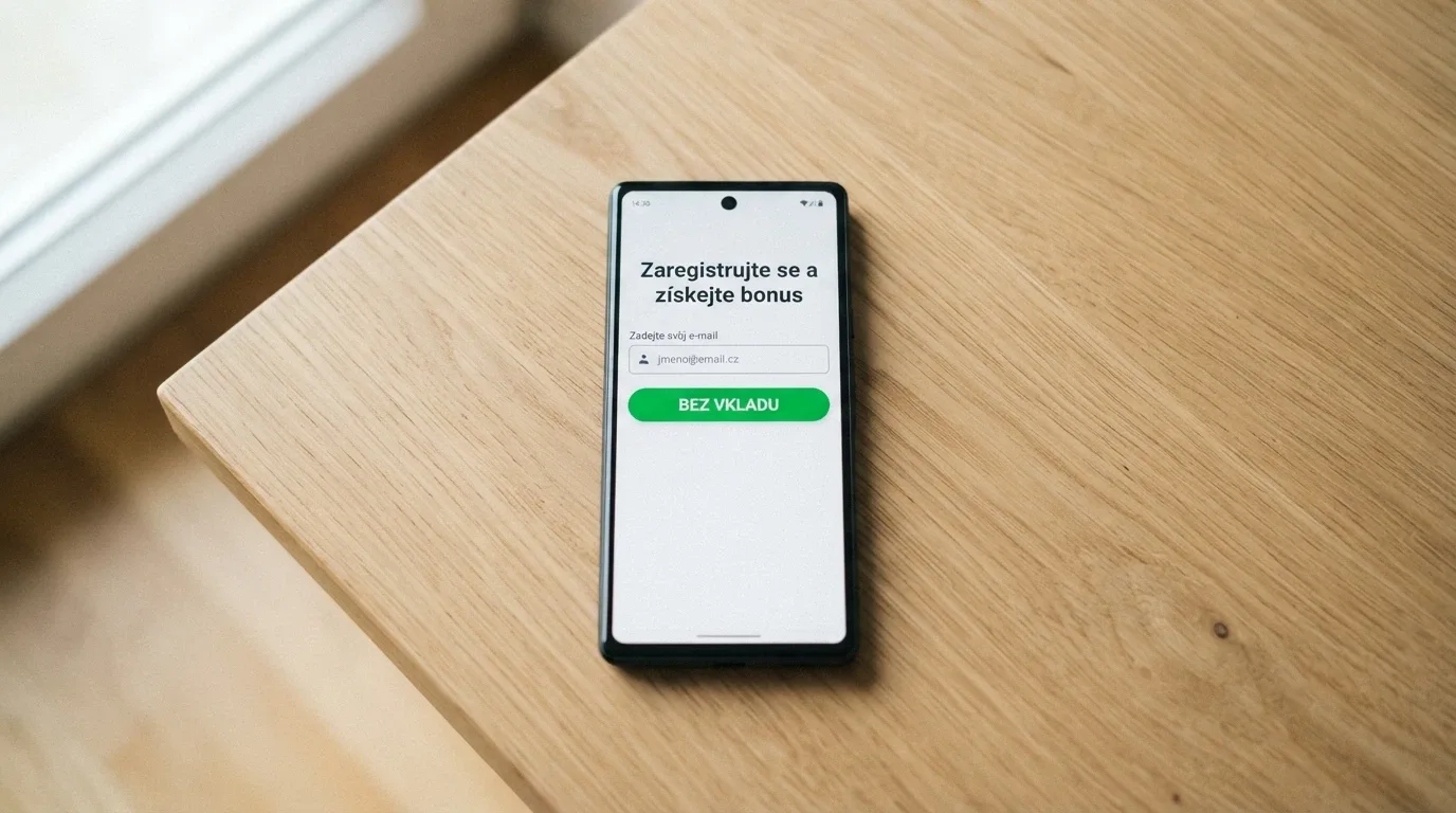 Mobilní telefon s otevřenou registrační stránkou casina, text zvýrazňuje „bez vkladu“