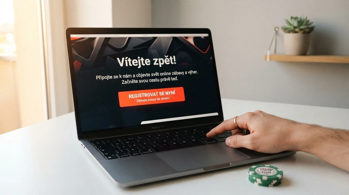 Moderní, čisté rozhraní nového online casina s uvítací obrazovkou a nabídkou registračního bonusu