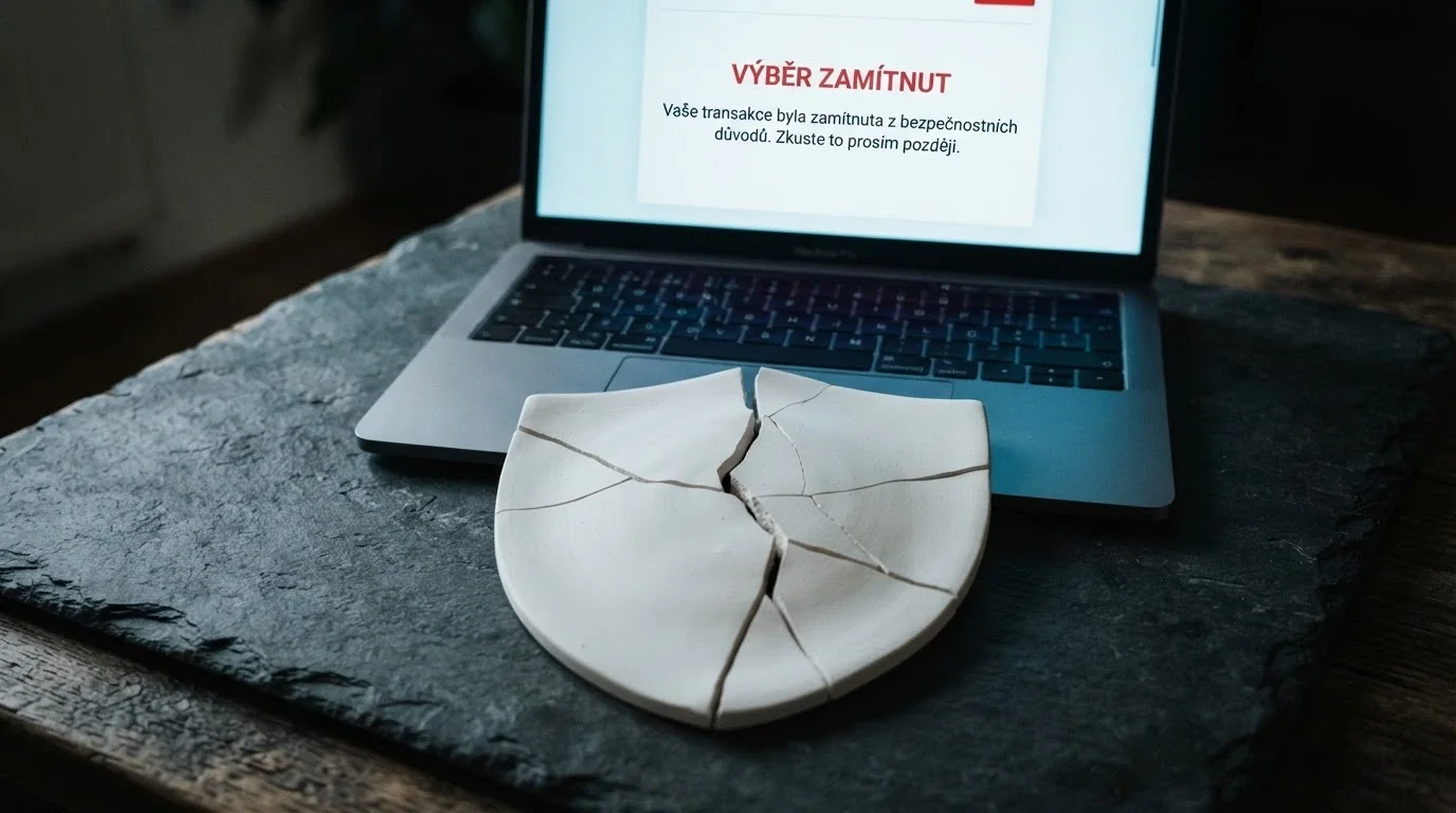 Rozbitý štít s nápisem RVO, v pozadí obrazovka s chybovou hláškou o zamítnutém výběru
