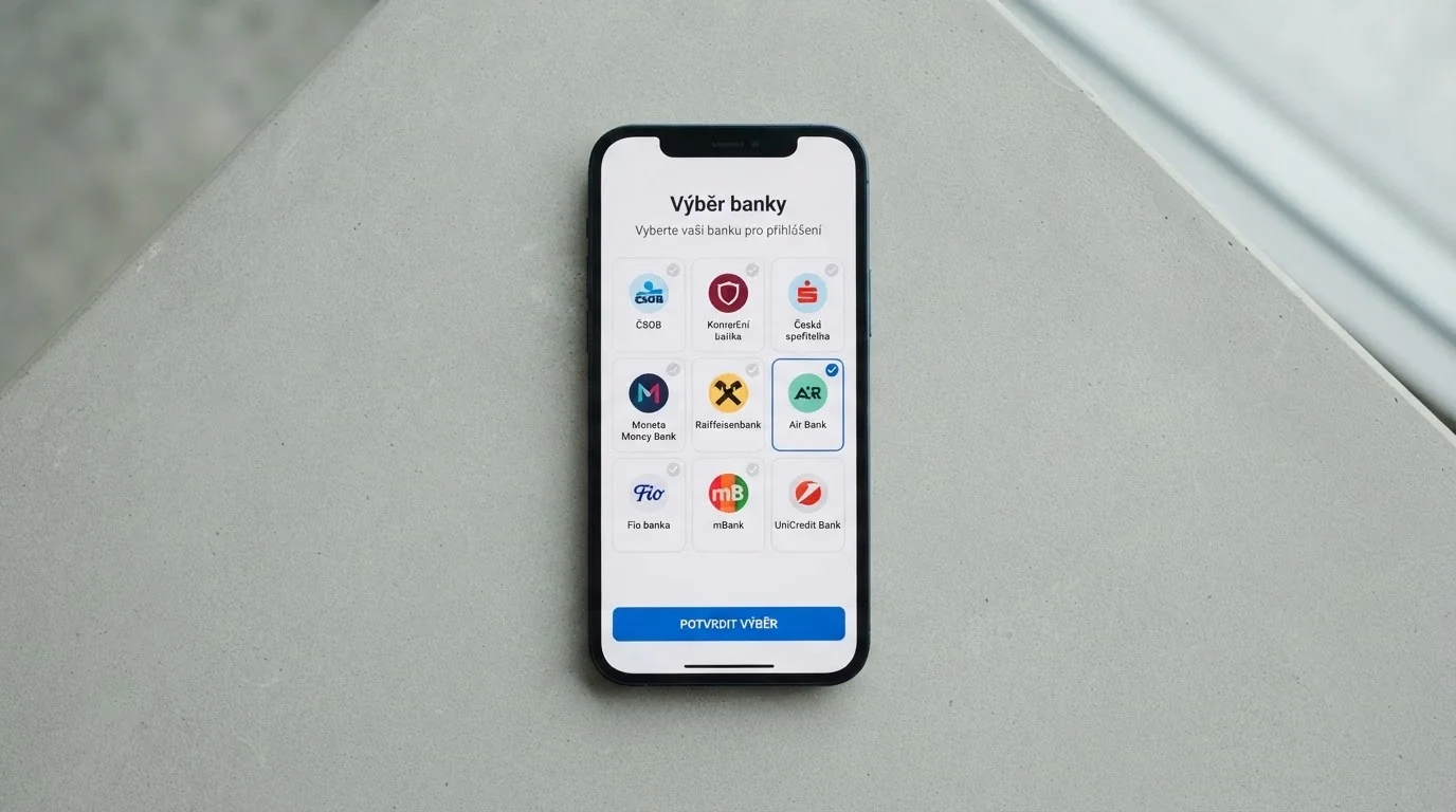 Přihlašovací obrazovka bankovní identity s výběrem z 11 zapojených bank