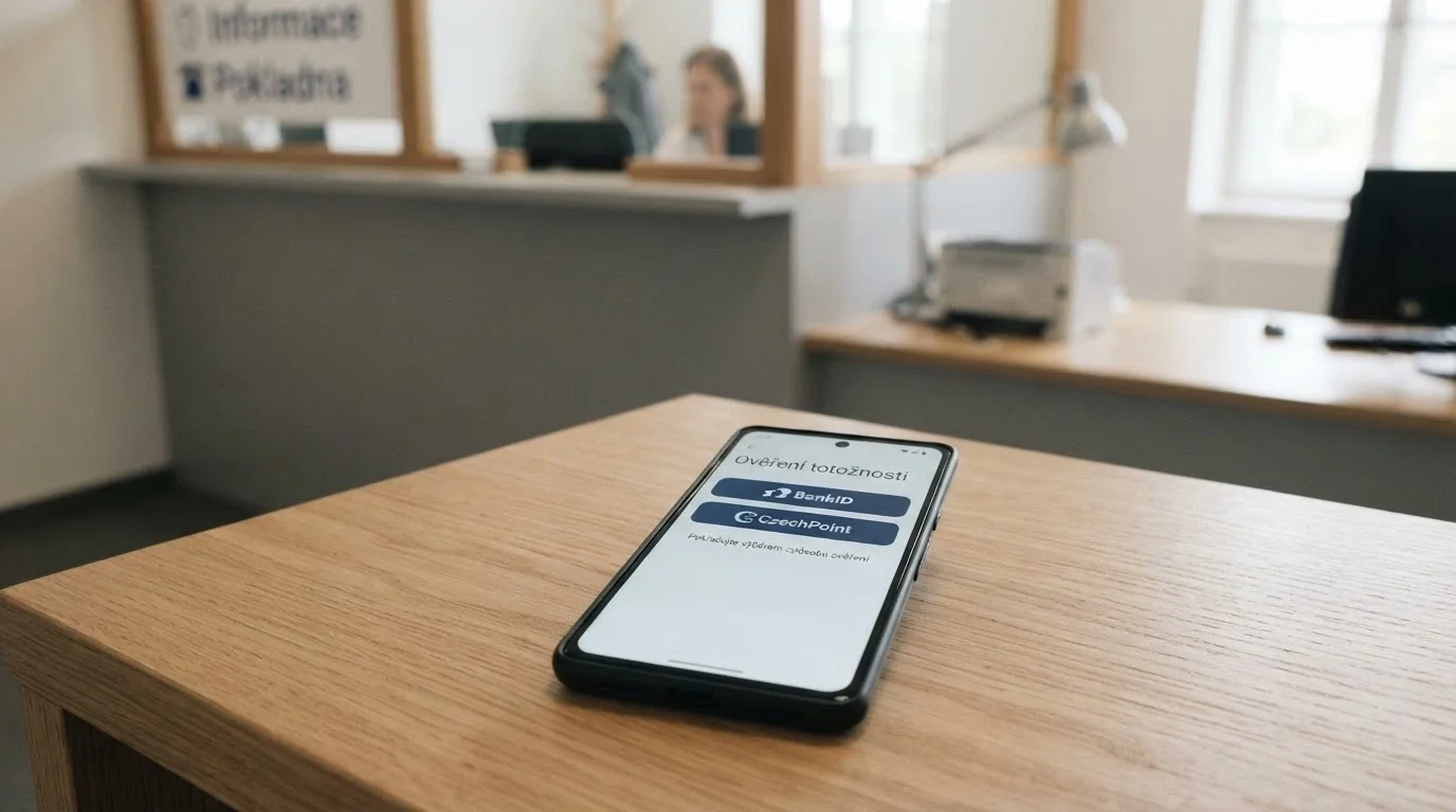 Mobil s rozhraním BankID vedle přepážky CzechPoint — dvě cesty k ověření