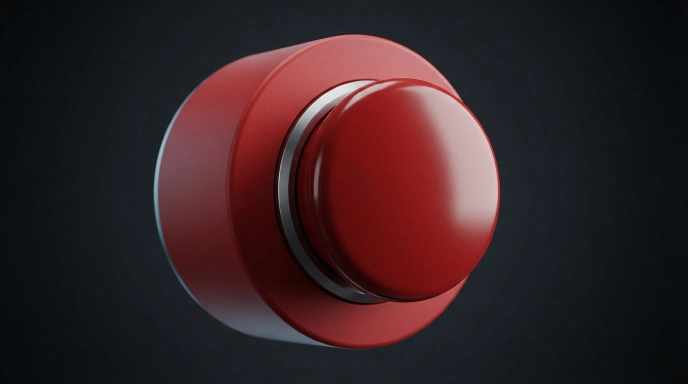 Tlačítko s nápisem Panic Button na obrazovce v červeném provedení