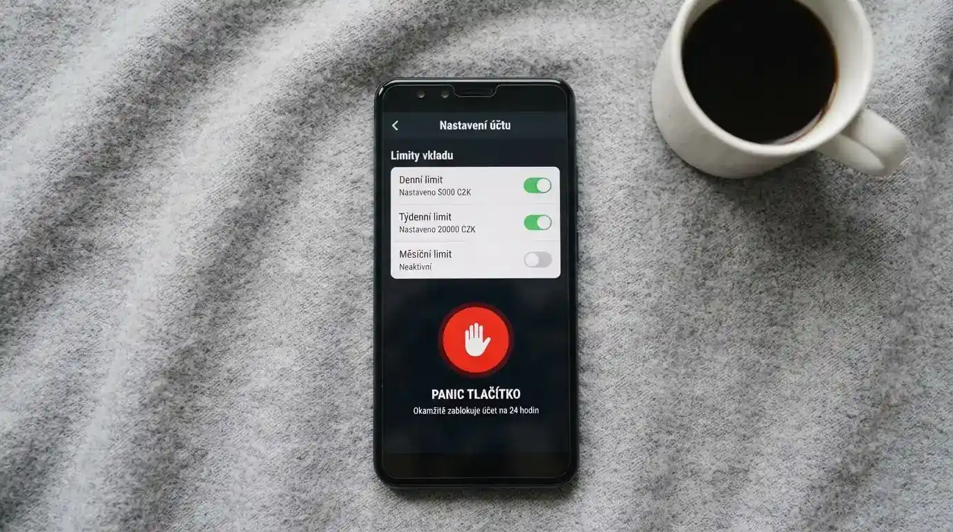 Rozhraní uživatelského konta casina s vyznačenými tlačítky pro nastavení limitů a panic button