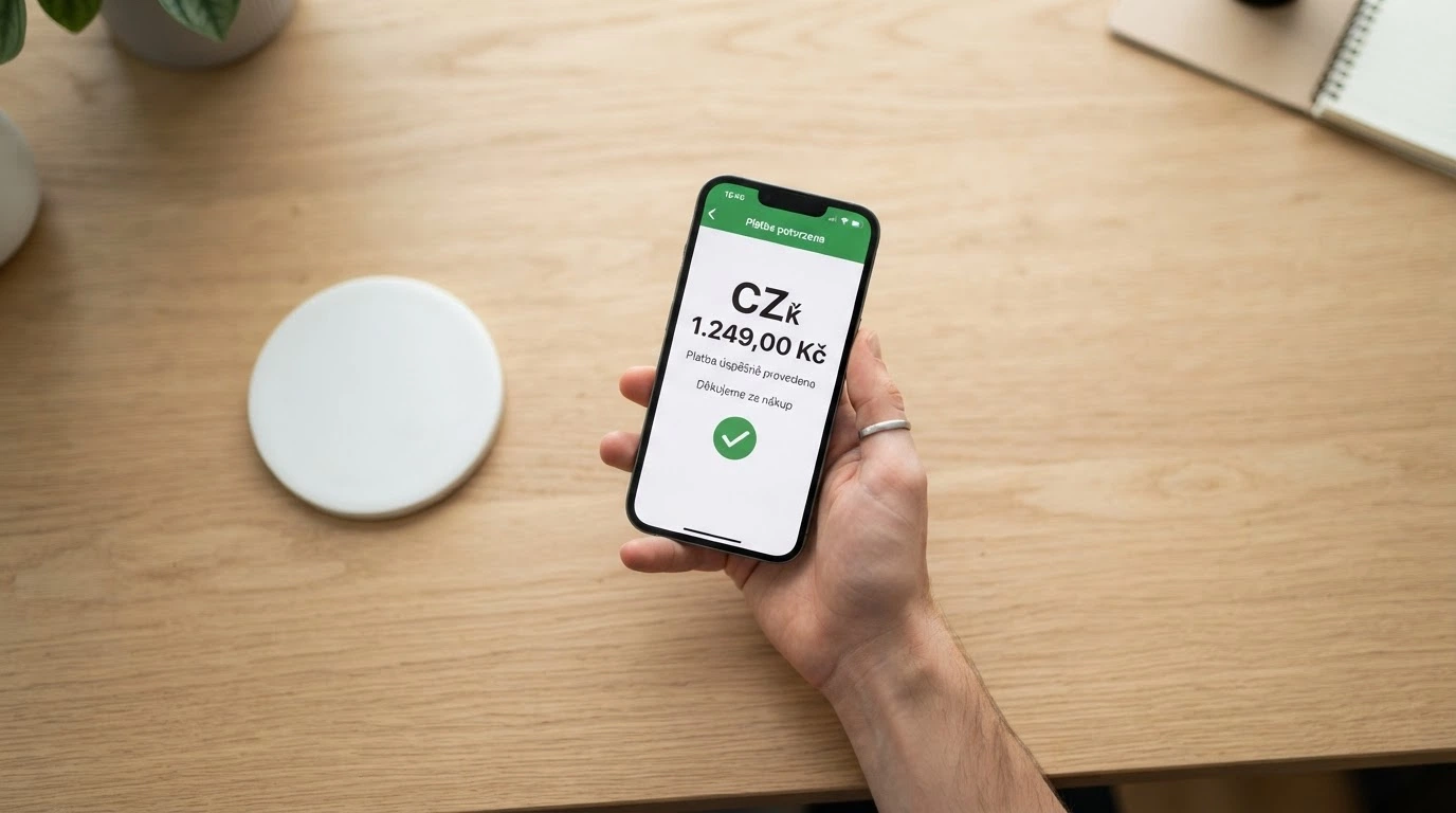 Ruka s mobilem, na displeji potvrzení platby PayPal — částka a název kasina, vedle hodiny ukazující čas připsání