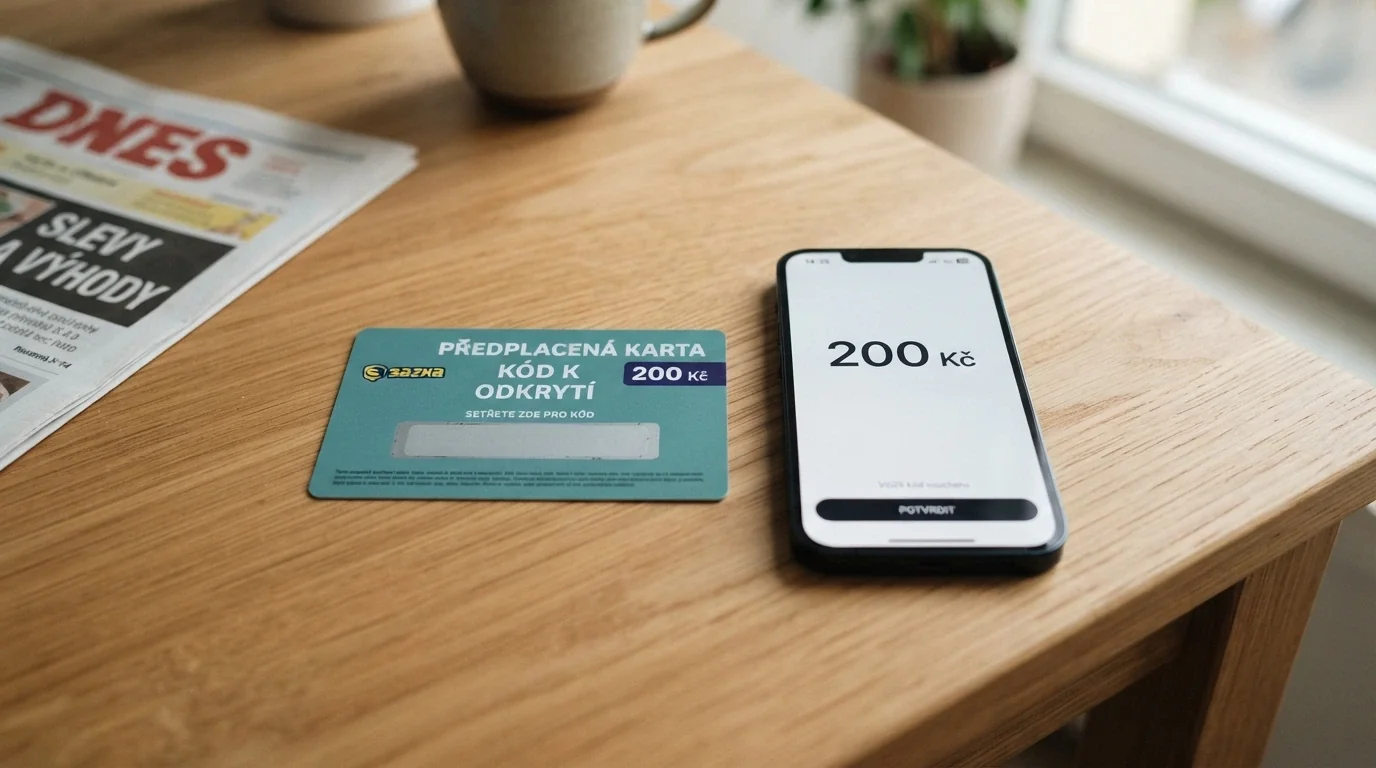 Fyzický Paysafecard kupon v hodnotě 200 Kč položený vedle mobilu s otevřenou stránkou vkladu v casinu