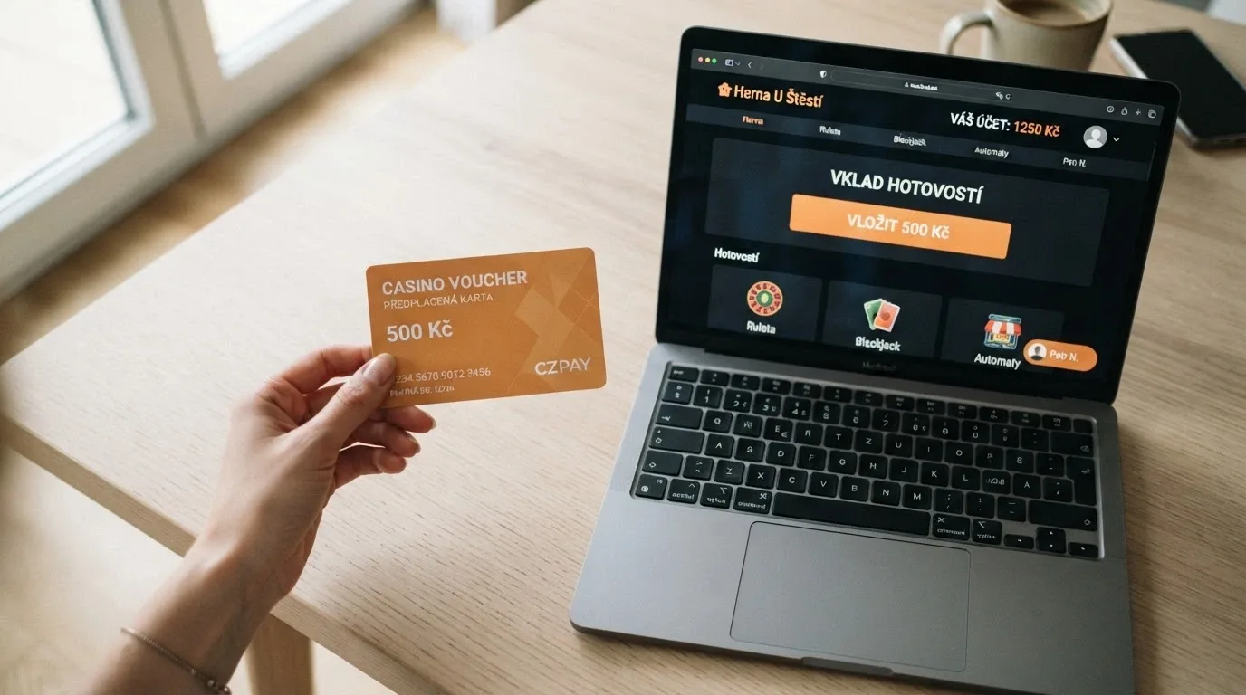Ruka drží kupon Paysafecard vedle otevřeného notebooku s kasinem na obrazovce