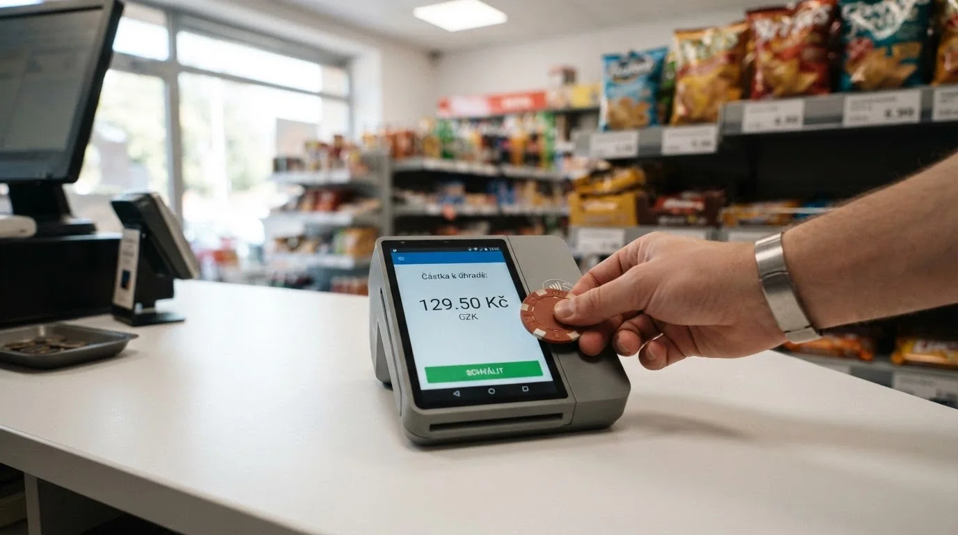 Platební terminál Sazky s logem AirCash — dotyková obrazovka, vložená bankovka, logo AirCash na displeji