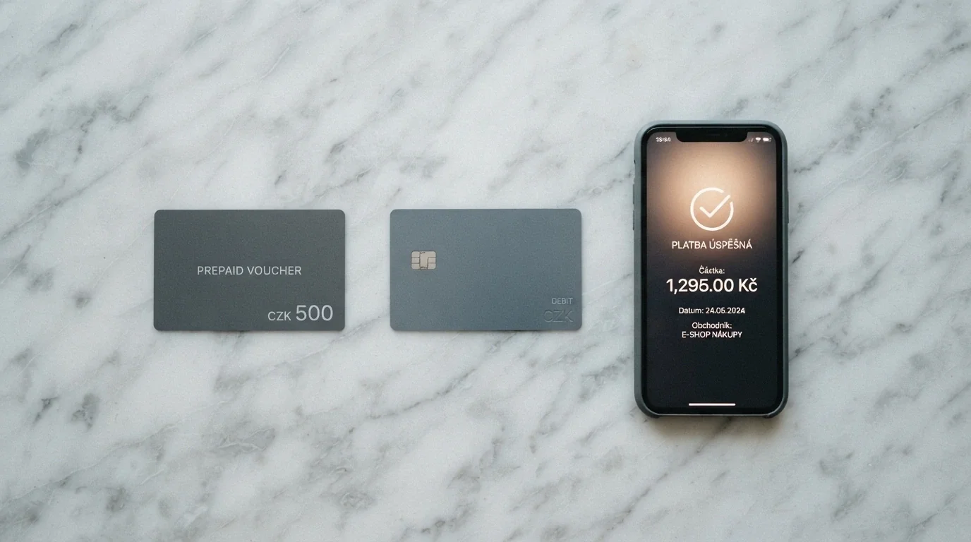 Fyzický Paysafecard kupon, platební karta a mobil s platební aplikací vedle sebe