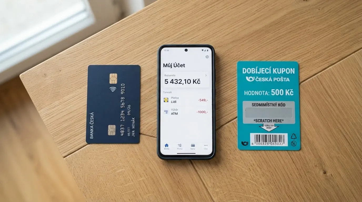 Platební karta, telefon s aplikací bankovnictví a papírový paysafecard vedle sebe na stole — tři nejčastější cesty, jak dostat peníze do casina
