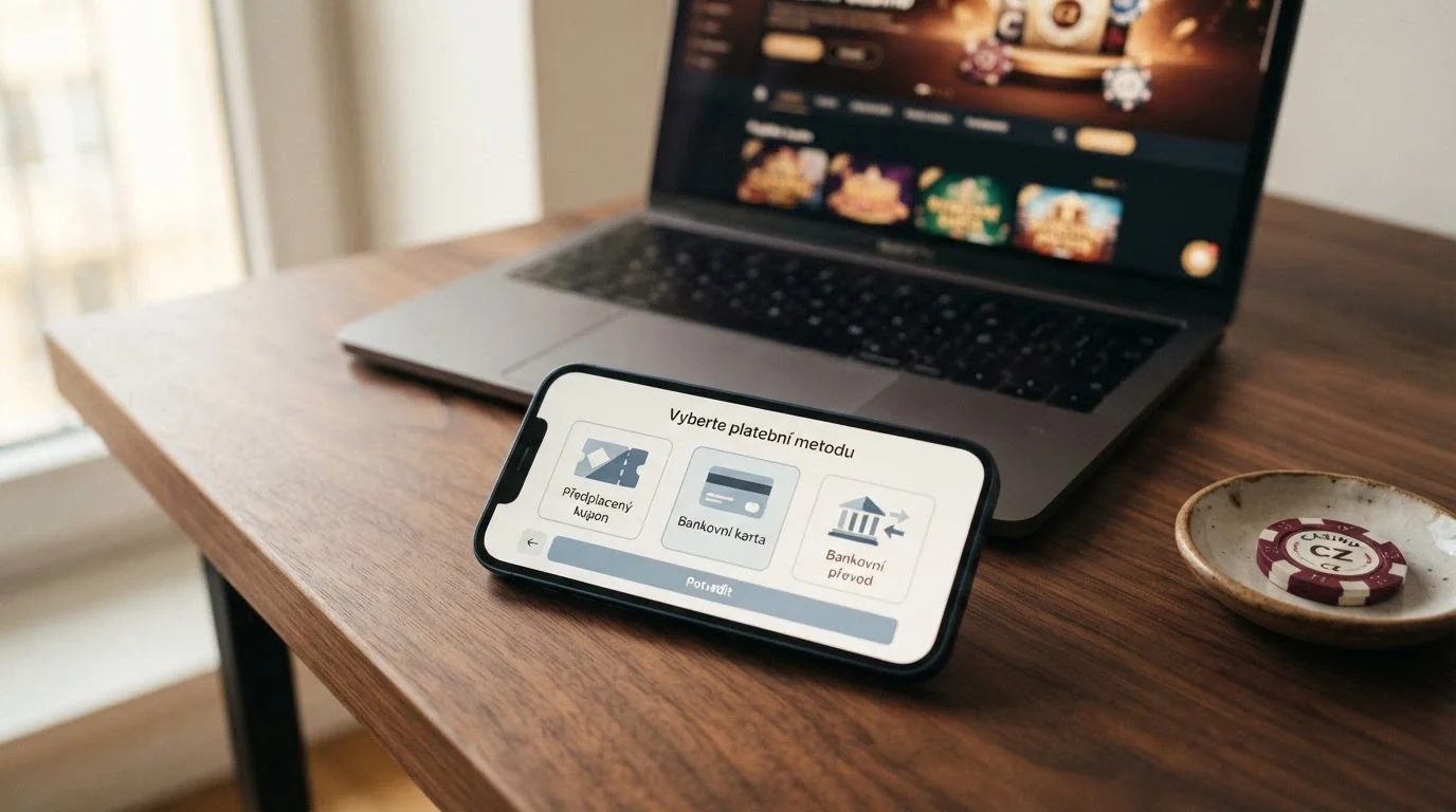 Mobilní telefon zobrazující platební metody — Paysafecard, platební karta a bankovní převod — vedle casino lobby