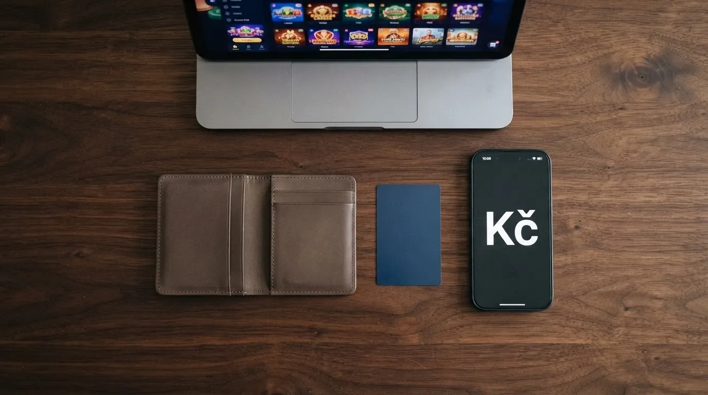 Peněženka, platební karta a mobil s QR kódem na stole vedle obrazovky s kasinem