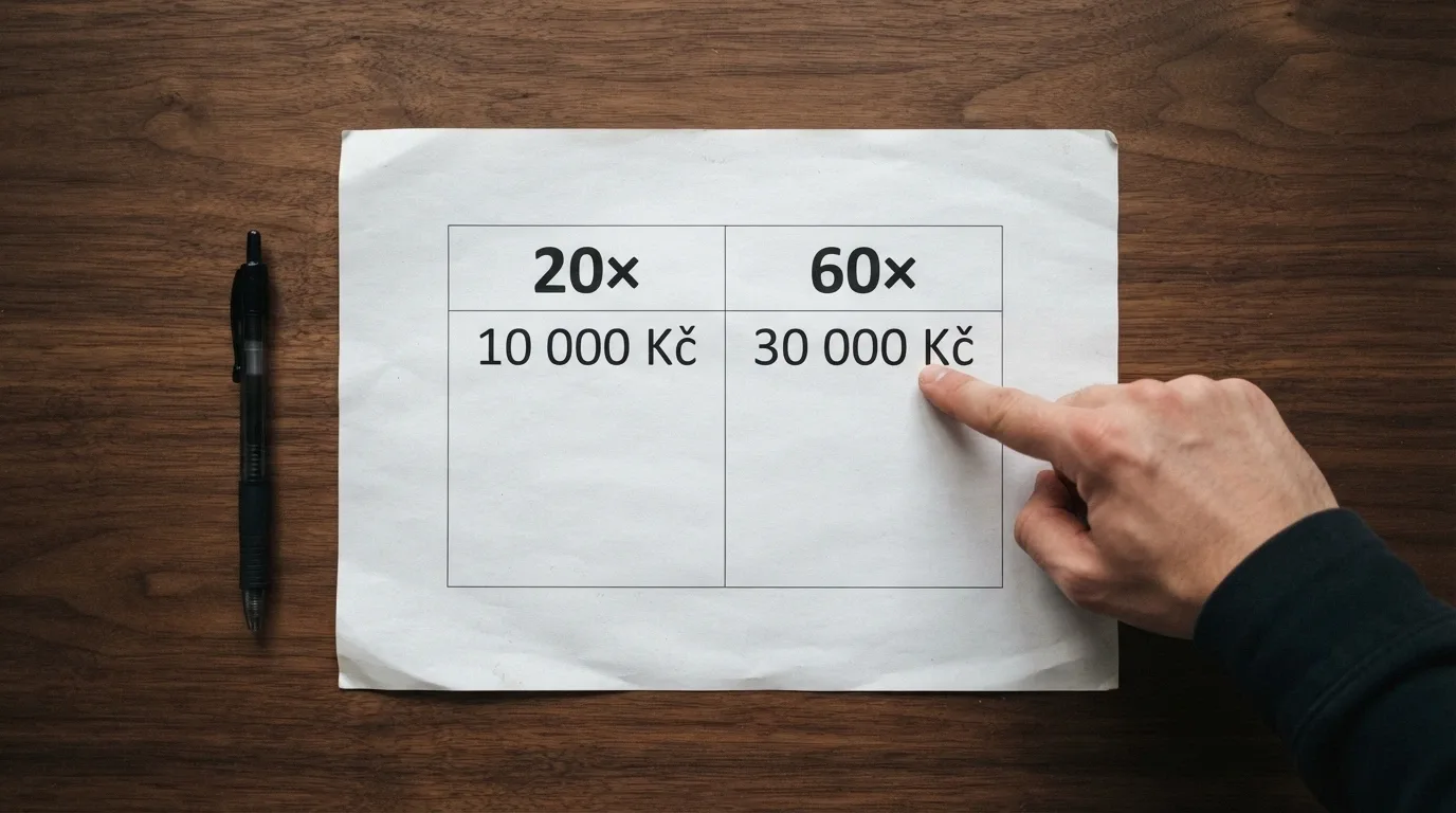 Zvětšené podmínky protočení na papíře — vedle sebe čísla 20× a 60× s výrazně odlišnou výslednou částkou k prosázení