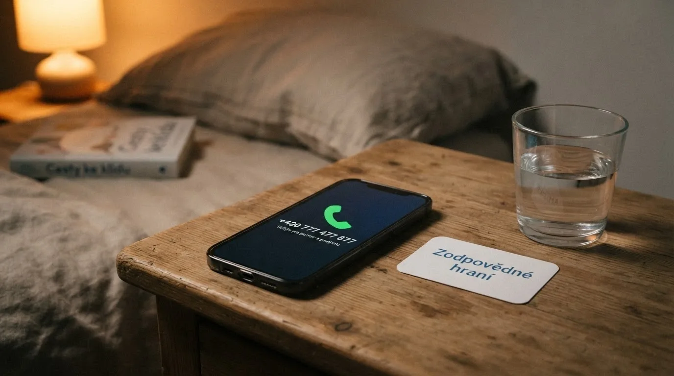 Telefon s číslem linky pomoci +420 777 477 877 na displeji, vedle logo Zodpovědné hraní