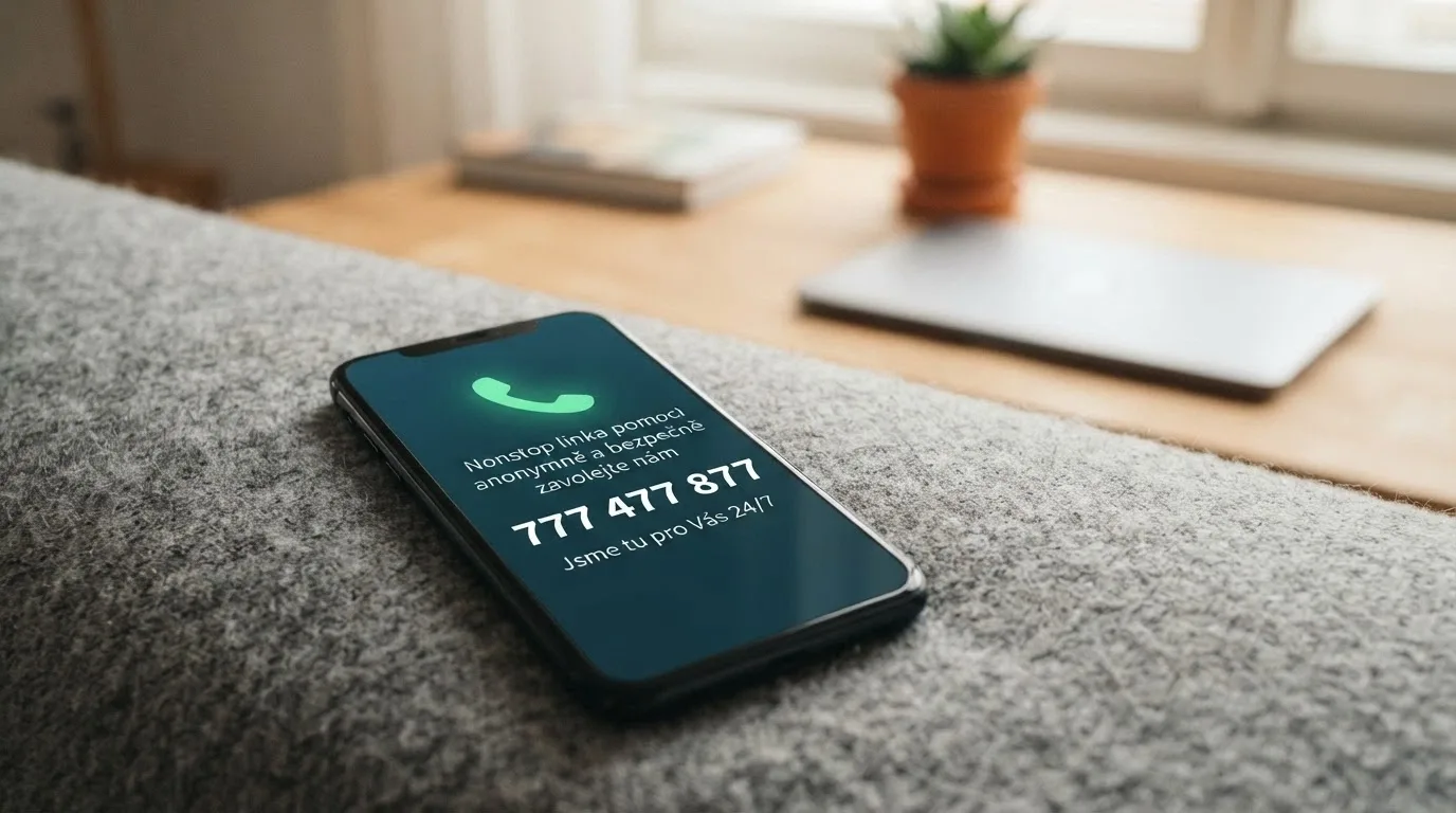 Telefon s vytočeným číslem linky pomoci na displeji položený na klávesnici