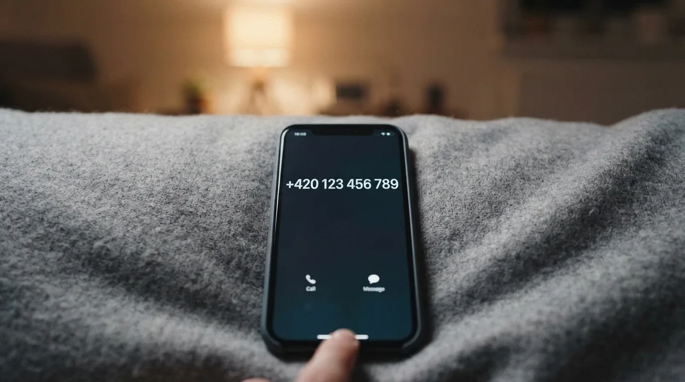 Telefon s vytočeným číslem linky pomoci na displeji, v pozadí rozmazané kasino