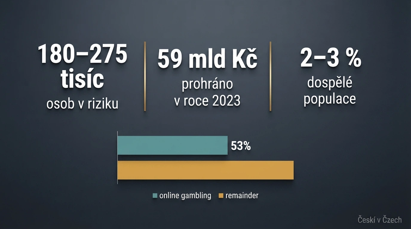 Infografika — 180–275 tisíc osob v riziku, 59 miliard Kč prohráno, 2–3 % dospělé populace