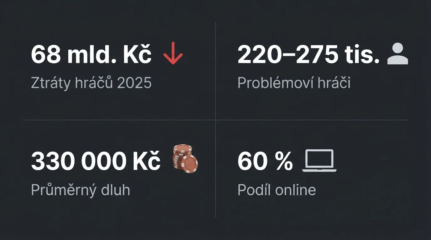 Infografika s klíčovými čísly — 68 mld. Kč ztráty, 220–275 tis. problémových hráčů, 330 000 Kč průměrný dluh, 60 % podíl online kanálu
