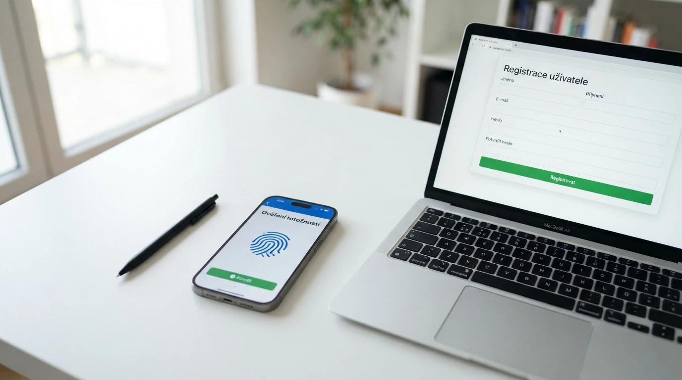 Mobilní telefon s otevřenou aplikací Bank iD vedle obrazovky s registračním formulářem českého online casina