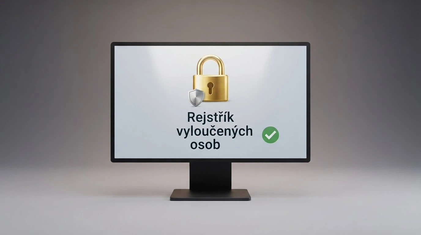 Obrazovka s nápisem „Rejstřík vyloučených osob“ a symbolem zámku — vedle přeškrtnuté offshore logo