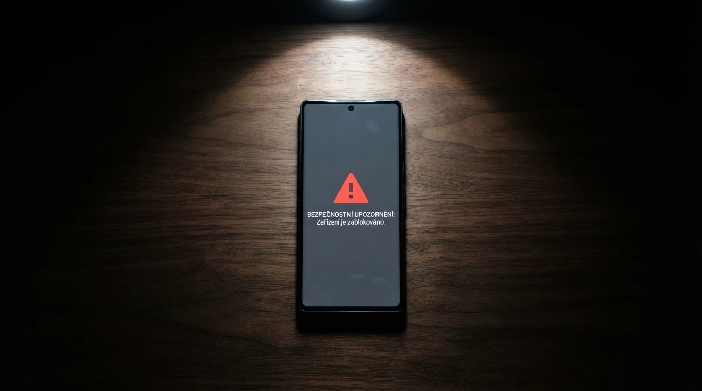 Výstražný symbol na displeji mobilu před webovou stránkou casina bez loga licence