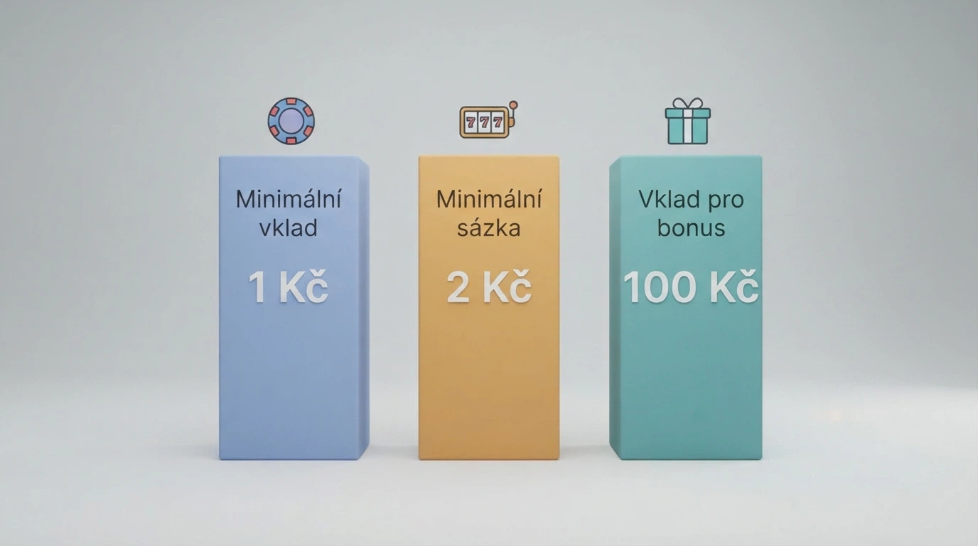 Infografika vysvětlující rozdíl mezi minimálním vkladem, minimální sázkou a minimálním vkladem pro bonus — tři sloupce s popisky a částkami v Kč