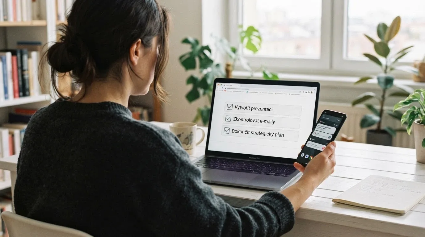 Hráč u počítače s mobilem v ruce, na obrazovce tři zaškrtávací body: licence, protočení, limity