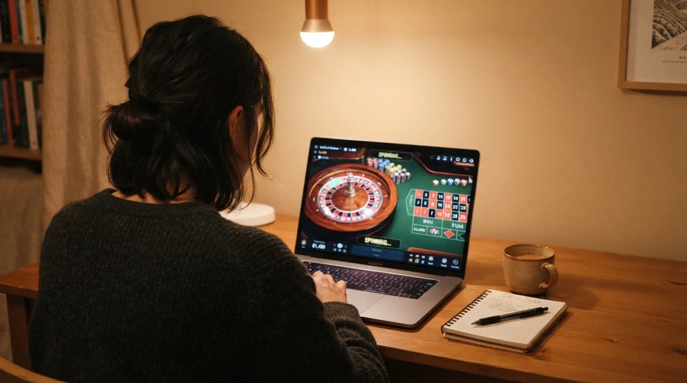 Hráč u notebooku zvažující volbu online casina s živou ruletou, v pozadí ruletové kolo