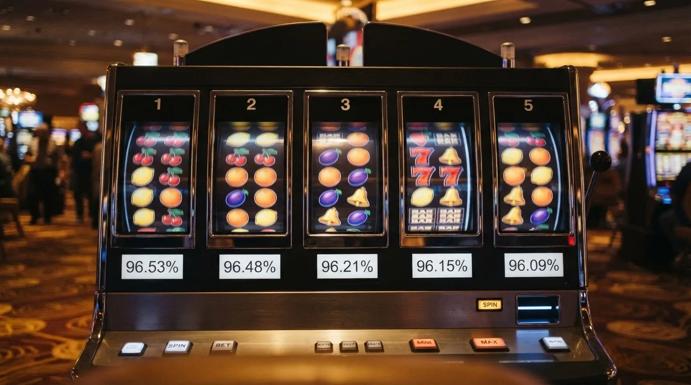 Koláž automatů Book of Dead, Starburst, Sweet Bonanza a dalších s popisky RTP vedle každého z nich