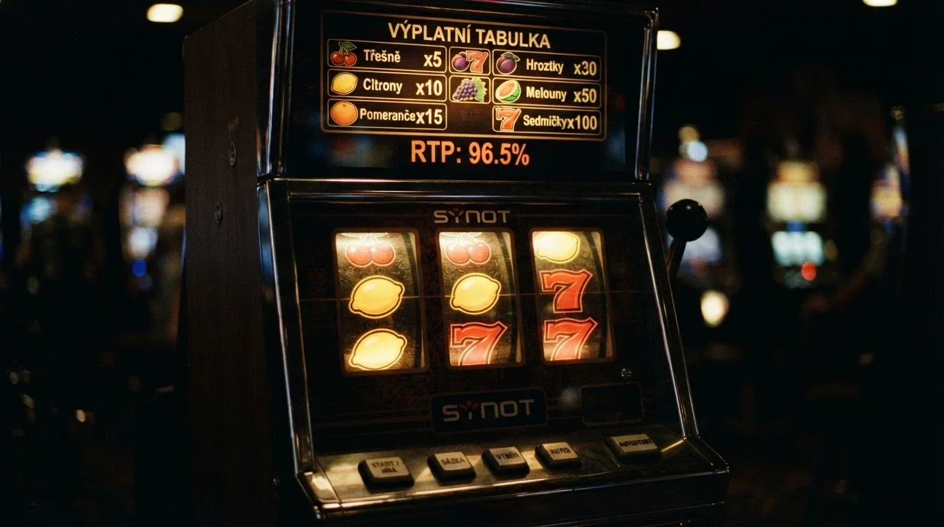 Výherní automat s barevnými válci a zvýrazněnou hodnotou RTP