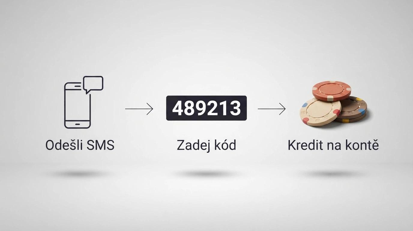 Infografika znázorňující jednotlivé kroky SMS vkladu — odeslání zprávy, přijetí ověřovacího kódu, připsání částky na herní konto