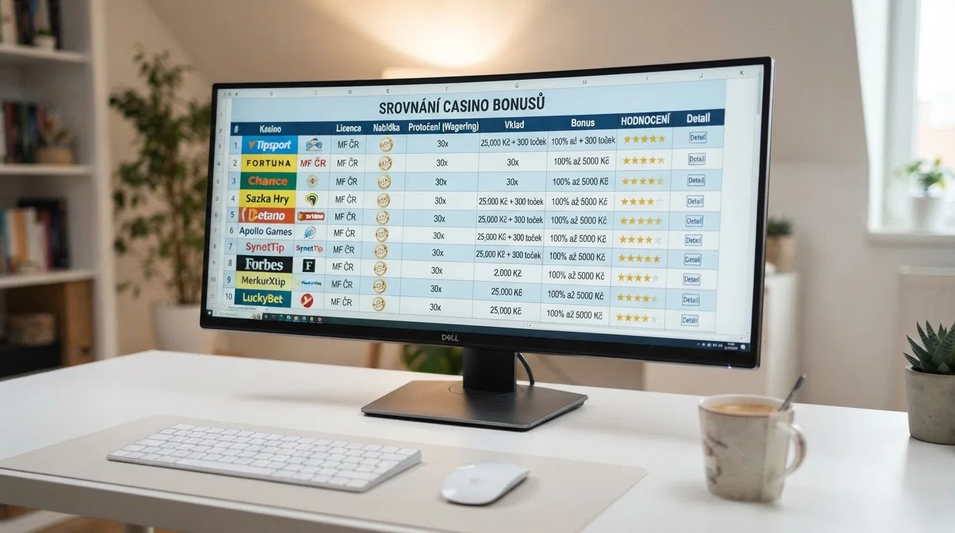 Srovnávací tabulka online casin s bonusy bez vkladu na monitoru počítače — deset řádků, sloupce licence, nabídka, protočení