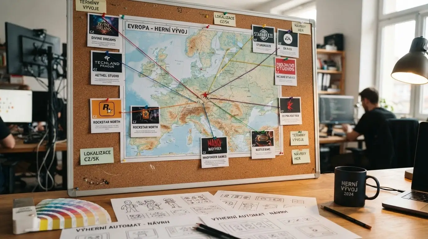 Vizuální srovnání deseti vývojářských studií — mapa sídel a vlajkové tituly