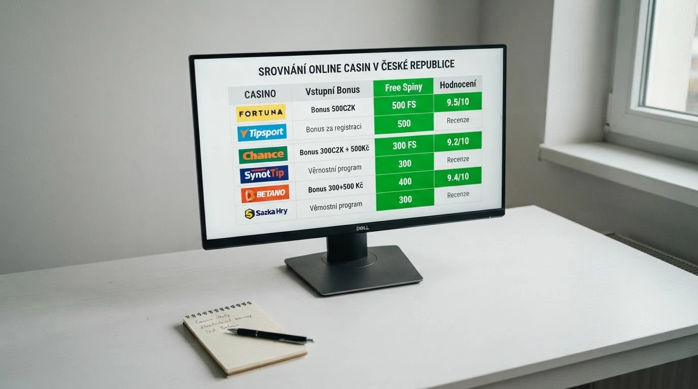 Srovnávací tabulka deseti operátorů na monitoru — zvýrazněný sloupec s počtem free spinů a licenčním statusem
