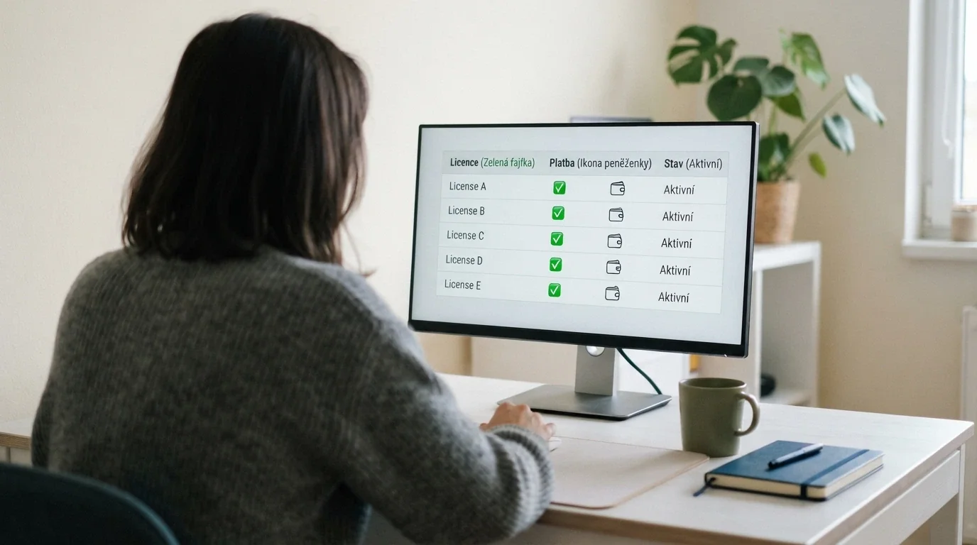 Srovnávací tabulka na monitoru — deset řádků s logy operátorů, vedle nich sloupce licence a PayPal