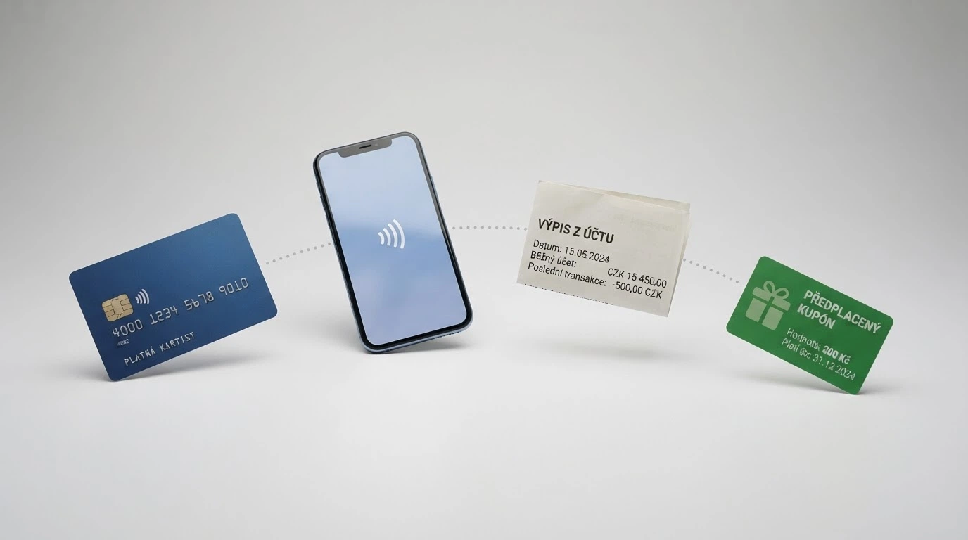 Koláž platebních metod — platební karta, mobil s Apple Pay, bankovní převod na obrazovce, Paysafecard voucher