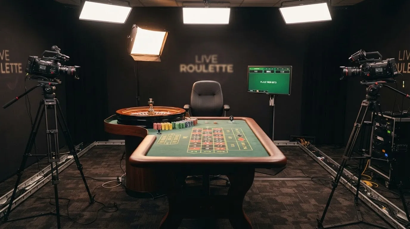 Herní studio s ruletovým stolem, kamerami a osvětlením pro profesionální živý přenos