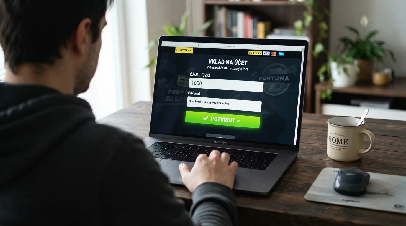 Postup vkladu přes Paysafecard v online casinu — pole pro PIN kód a potvrzení částky