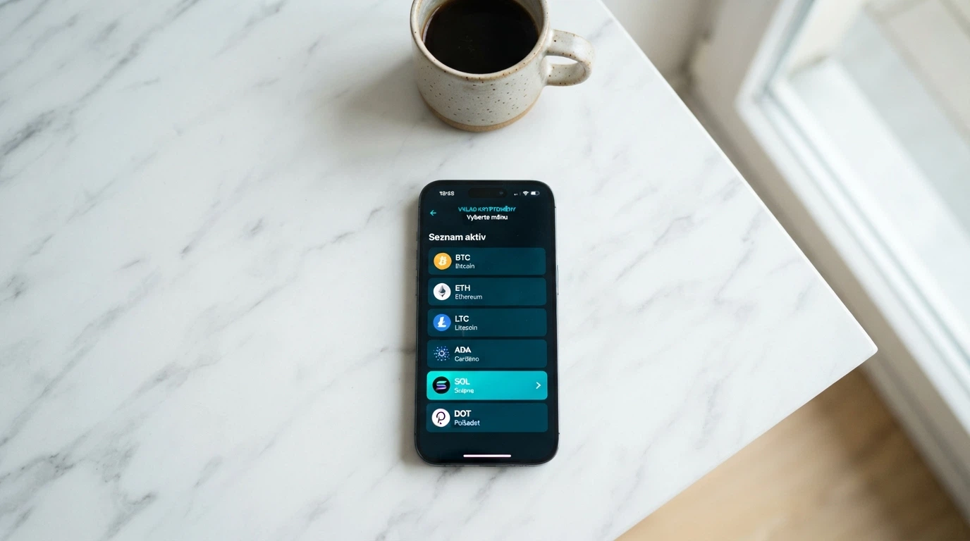 Mobilní zobrazení výběru kryptoměn při vkladu do kasina — BTC, ETH, USDT, SOL, ADA v menu