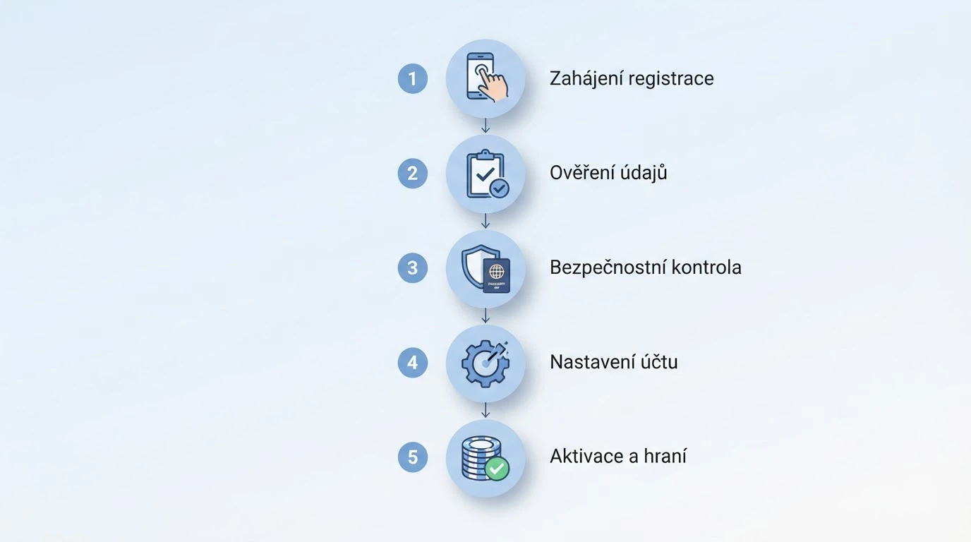 Infografika pěti kroků výběru — od žádosti po připsání na účet — s ikonami a šipkami