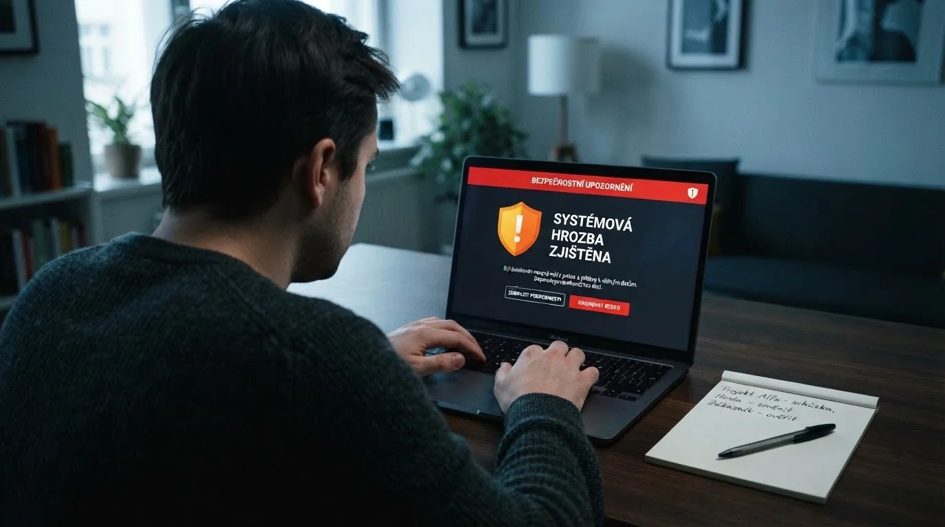 Varovné zobrazení — zahraniční casino bez licence na monitoru, vedle symbol Ministerstva financí ČR