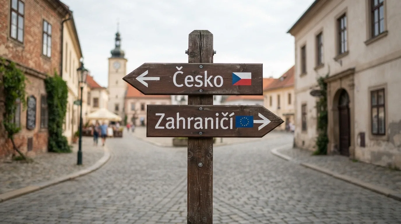 Rozcestník s vlajkami a směrovkami Česko a zahraničí vedle loga online casina