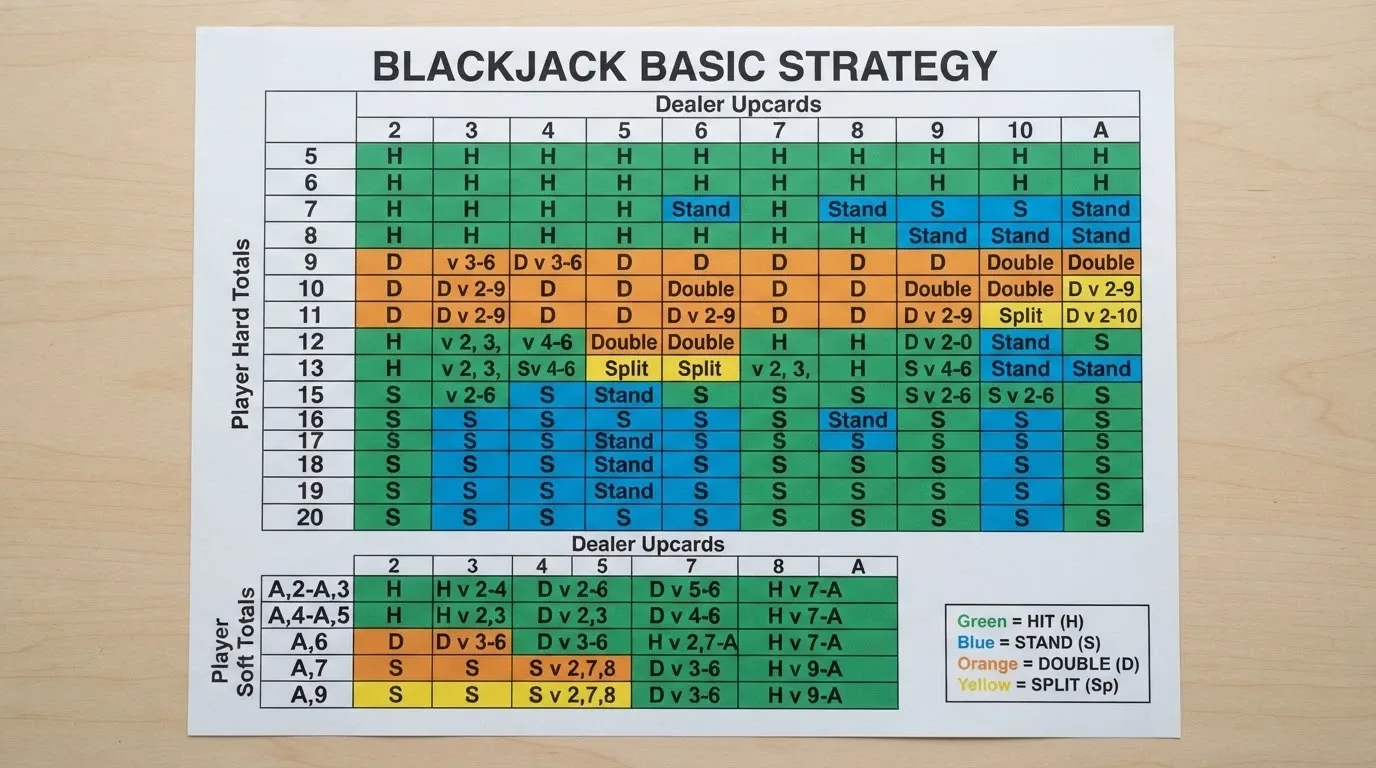 Strategická tabulka blackjacku barevně rozdělená na hit, stand, double a split — vedle ní live blackjack rozhraní s rozpočítaným časovačem.
