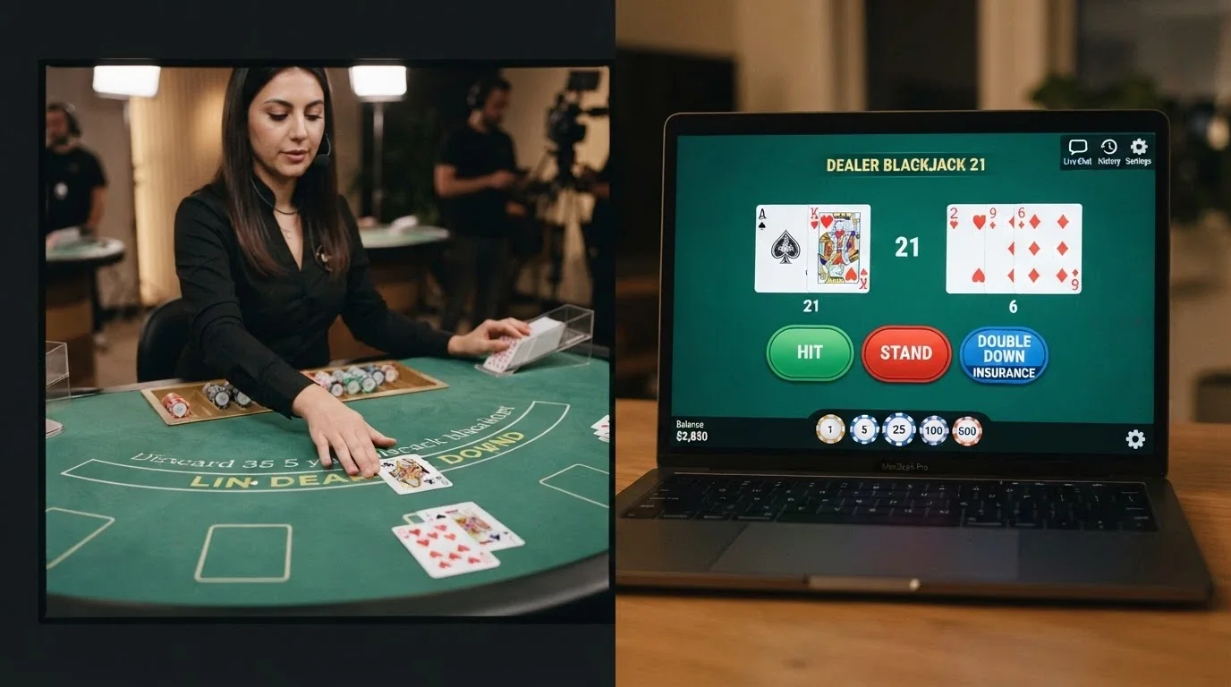 Rozdělený obraz — vlevo živý krupiér u fyzického stolu přes video stream, vpravo digitální RNG blackjack rozhraní na monitoru.