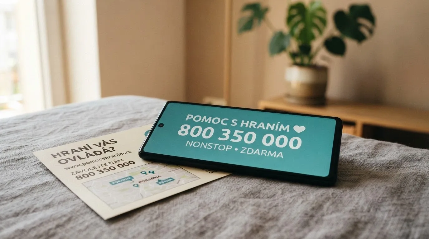 Telefon s číslem linky pomoci na displeji a leták s kontakty