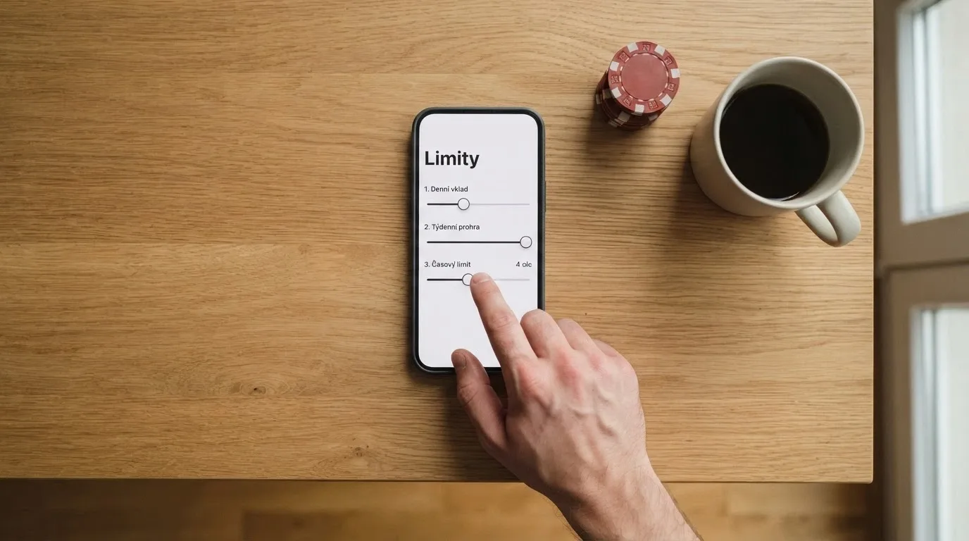 Telefon s vytočeným číslem Linky bezpečí 116 111 na displeji, v pozadí plakát s nápisem „Nastavte si limity“ a logo Gamblers Anonymous