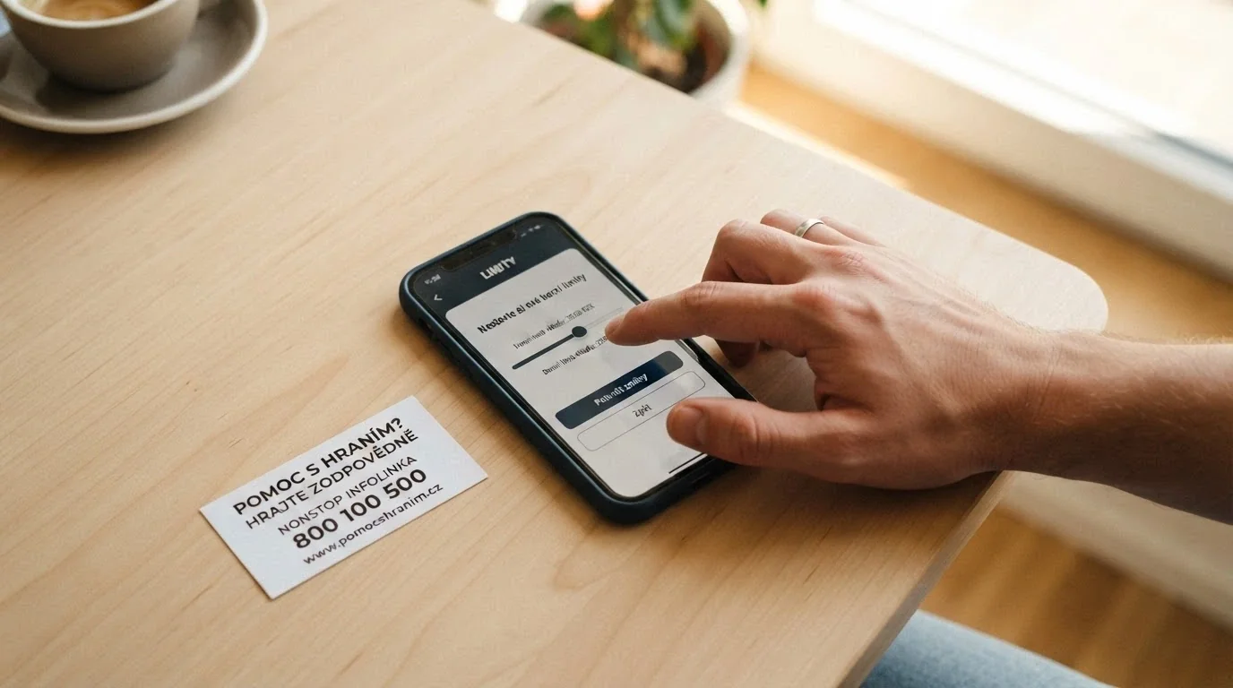 Ruka nastavující posuvník herního limitu na obrazovce — vedle telefon s číslem linky pomoci