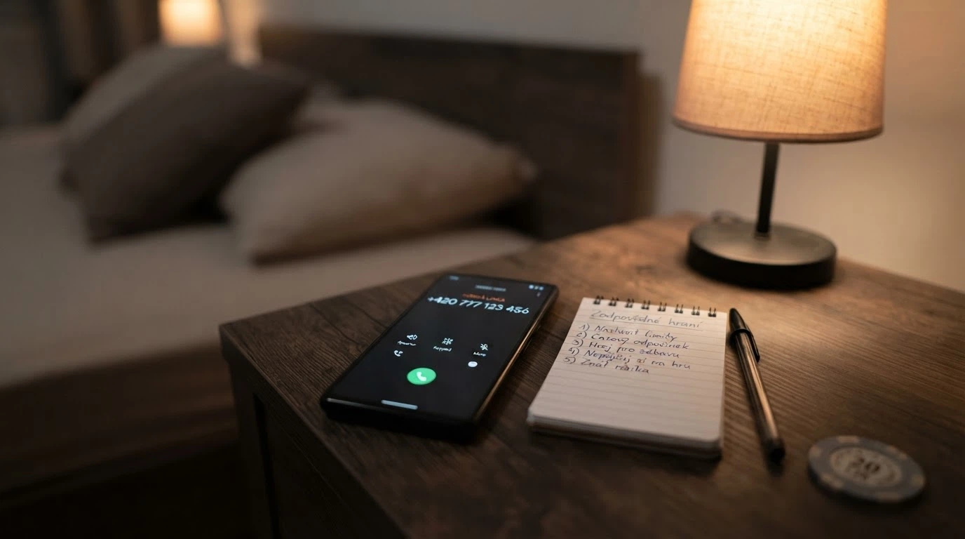 Telefon s vytočeným číslem linky pomoci, vedle něj poznámkový blok s nadpisem Zodpovědné hraní